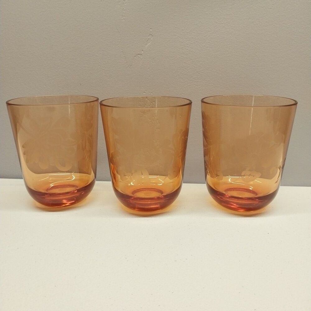 Set of 3 Acrylic Orange Floral Etched Tumblers 12 oz Retro Stackable Glasses
